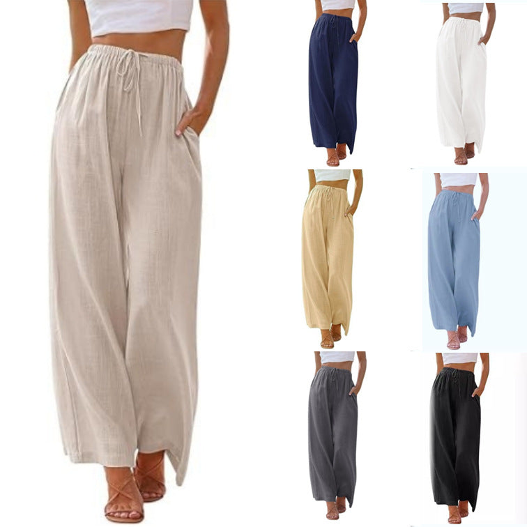 Damen nan weite Leinenhose mit elastischem Bund Kordel und Seitentaschen
