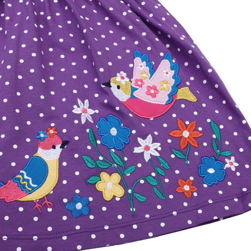 Mädchen Sommerkleid mit hübschen Vogel- und Blumenapplikationen