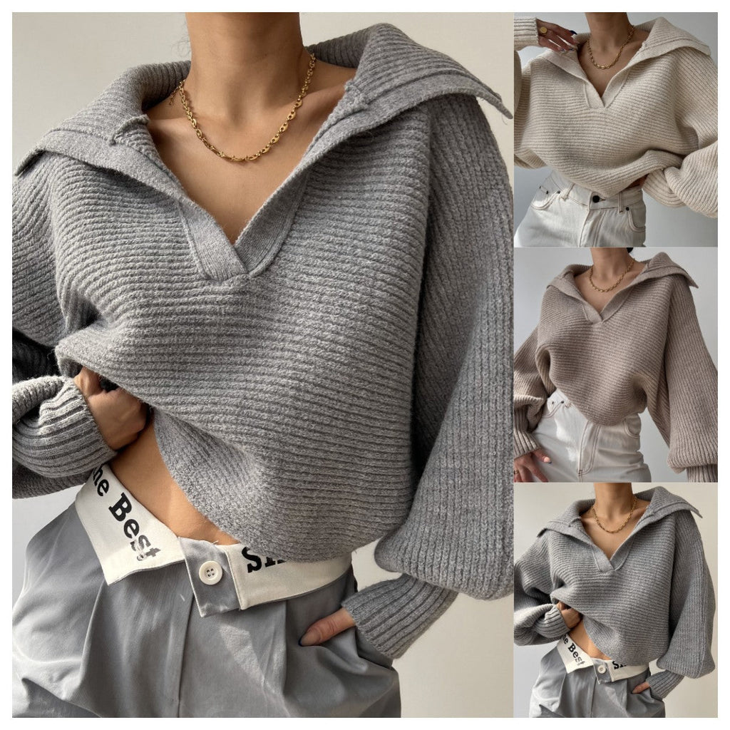 Damen nan Grobstrick-Pullover mit weitem Kragen und V-Ausschnitt