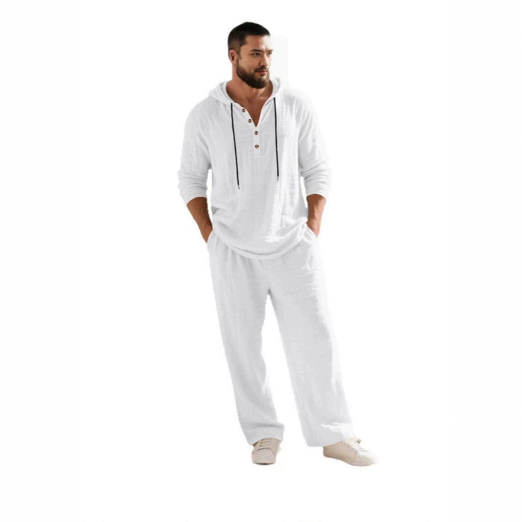 Herren nan lässiges Leinenzweiteiler-Set mit Kapuzenhemd im Henley-Stil und weiten Freizeit-Hosen