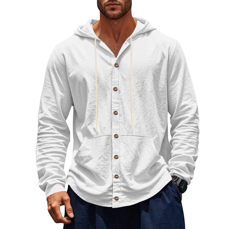 Herren nan figurbetonte Kapuzenhemd-Jacke aus Baumwollmix mit Druckknopfleiste und Kängurutasche