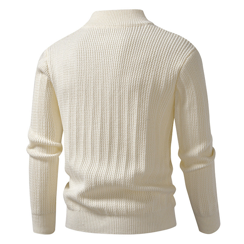 Herren nan feinstrukturierter Halbzip-Pullover mit Stehkragen, geripptem Strukturstrick und schmaler Passform