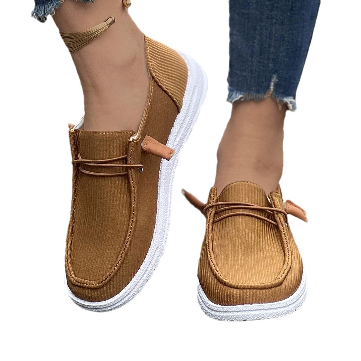 Damen nan lässige Slip-On Sneaker-Halbschuhe mit geripptem Textilobermaterial und elastischer Schnürung