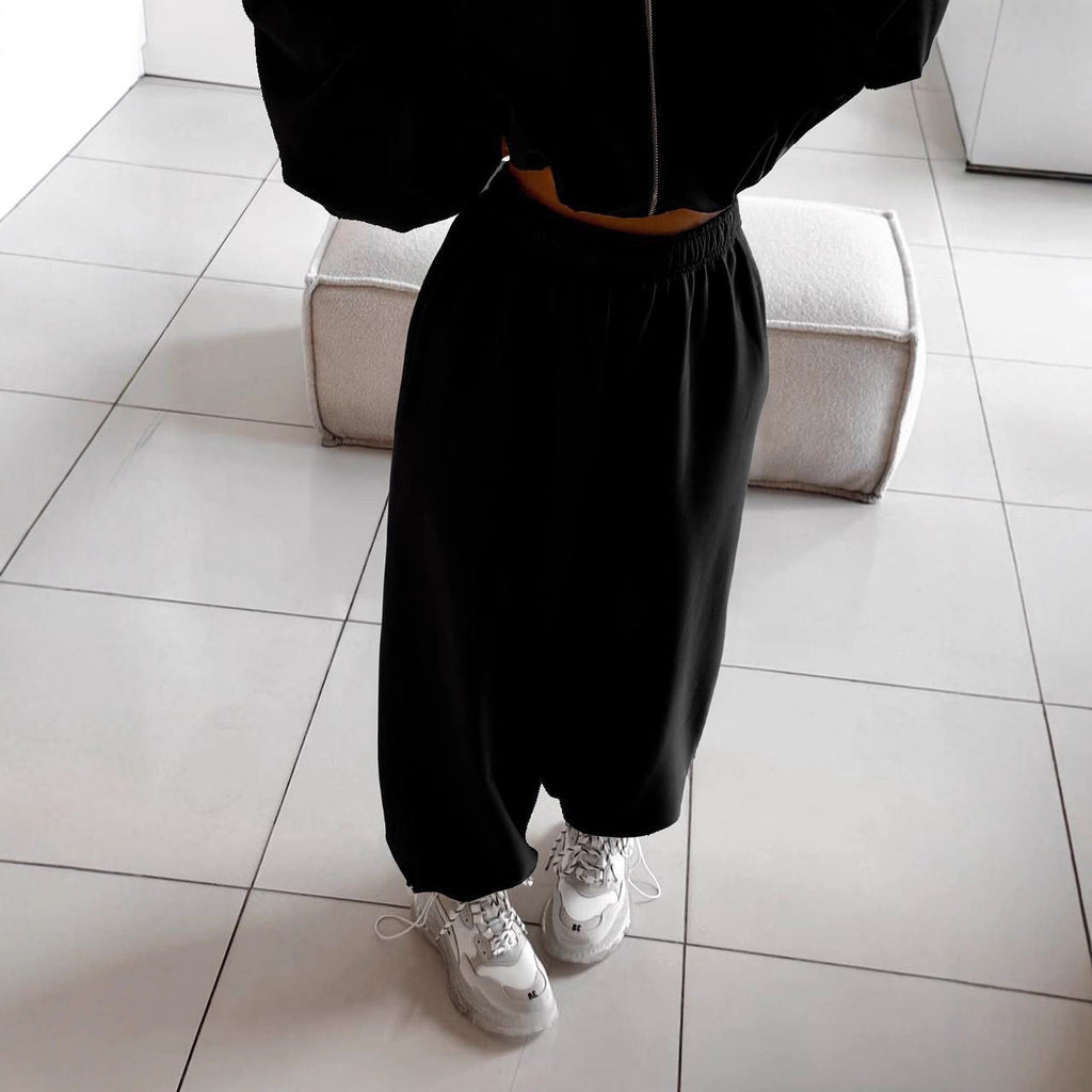 Damen nan oversized Kapuzenjacke mit durchgehendem Reißverschluss und Highwaist Gummibund-Jogginghose Set
