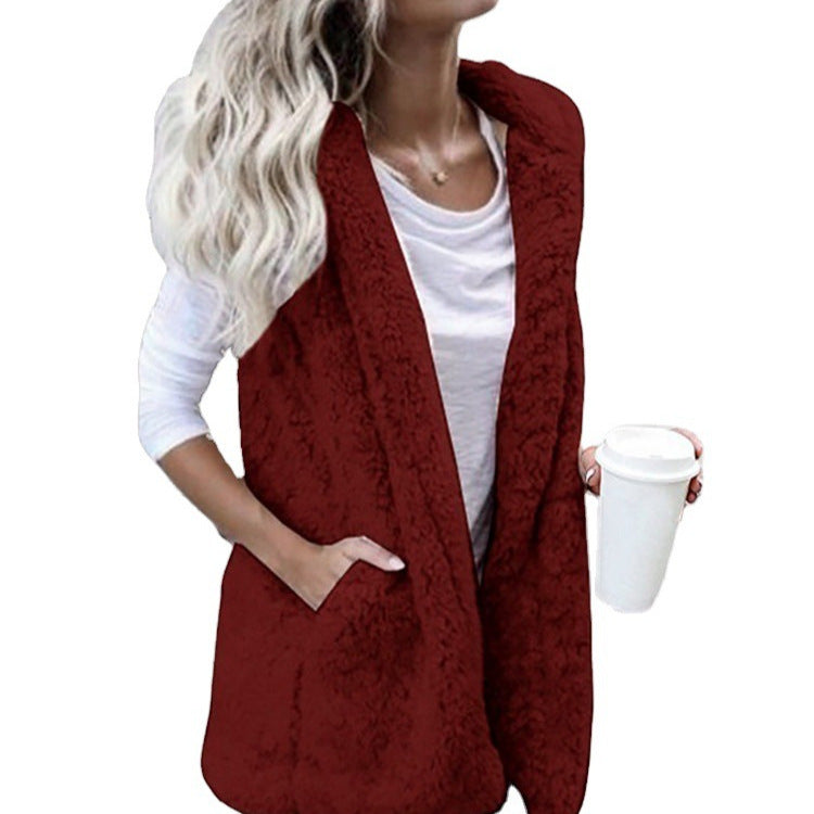 Damen nan flauschige Teddyweste mit Schalkragen und Eingrifftaschen