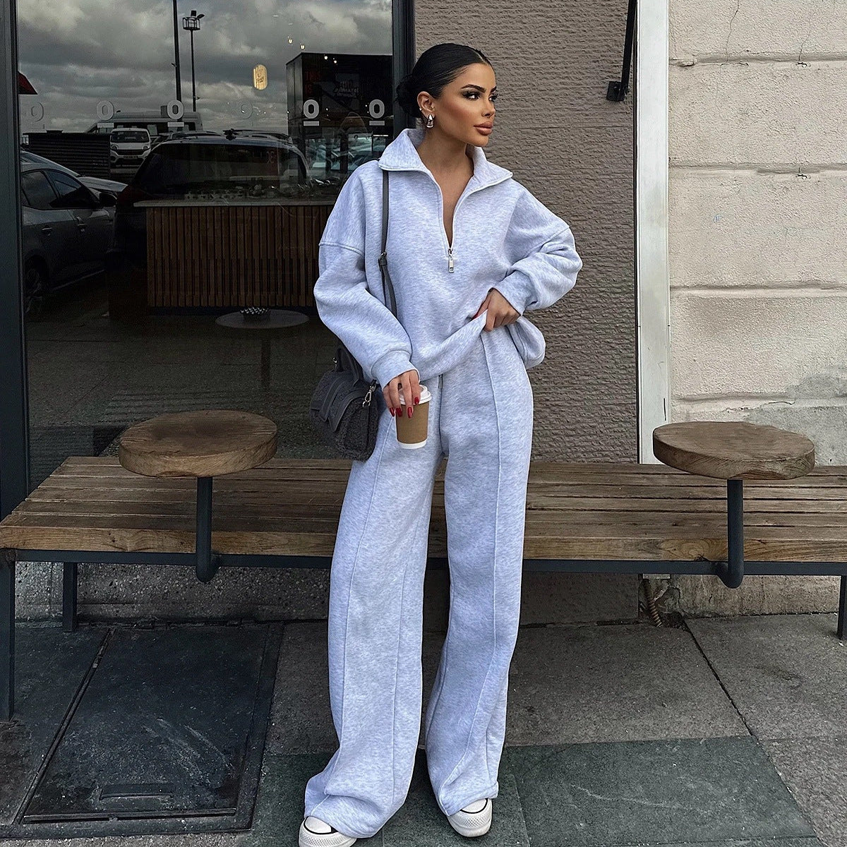Damen nan Oversize Sweatshirt mit Halbzip und weiten Jogginghose Set