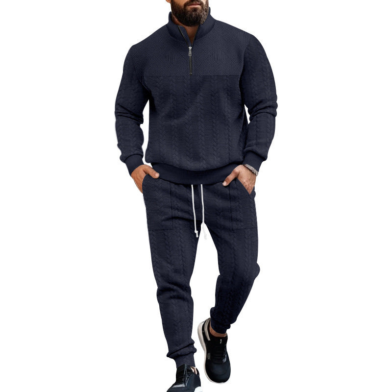 Herren nan Strick-Trainingsset mit halbem Reißverschluss, Zopfmuster-Pulli und Kordelzug-Jogger