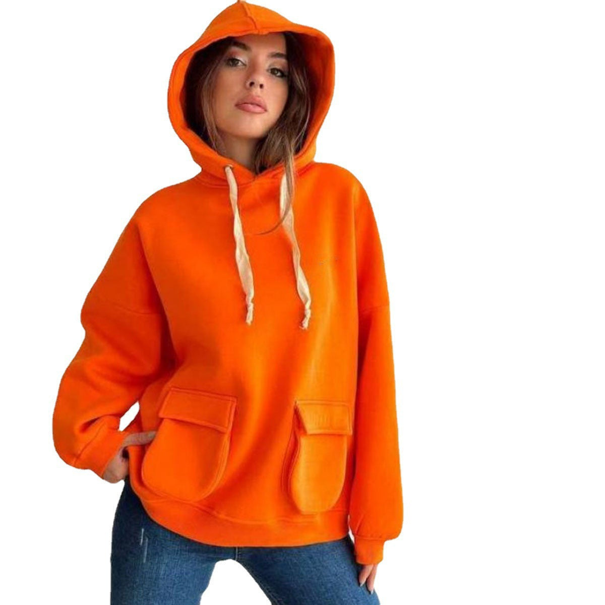 Damen nan Oversize-Kapuzenpullover mit aufgesetzten Klappentaschen und extra-langen Kordeln