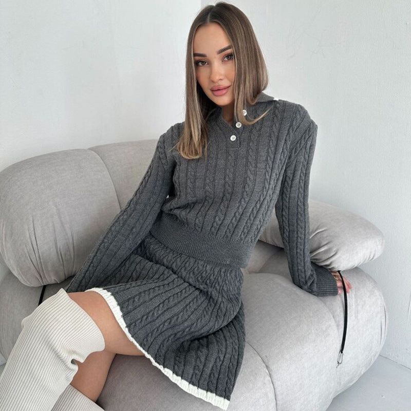 Damen nan Kabelstrick-Set mit Polo-Kragen und ausgestelltem A-Linien-Rock