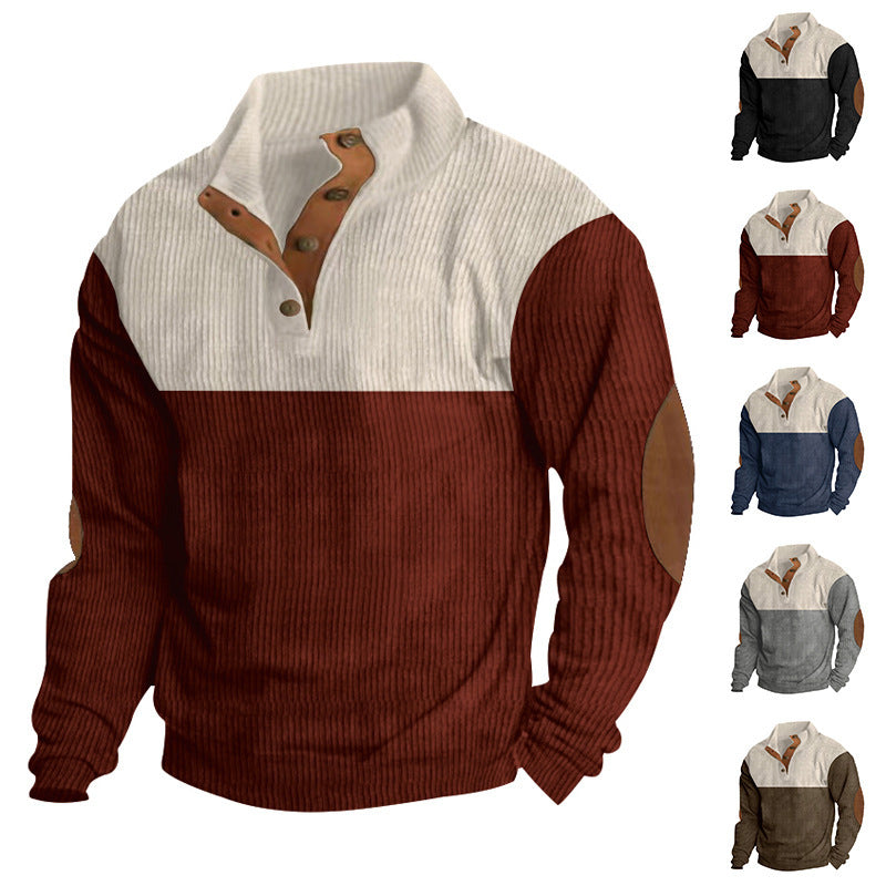 Herren nan gerippter Pullover mit Stehkragen, Knopfleiste und Ellbogen-Patches