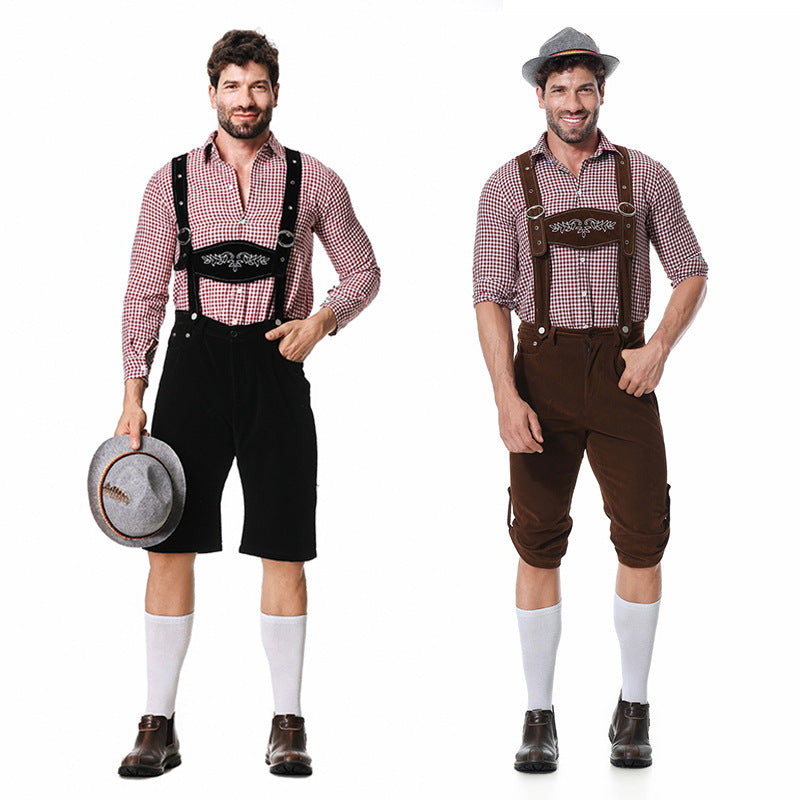 Herren nan authentische Trachten-Kniundhose aus wildlederähnlichem Material mit verstellbaren Trägern und besticktem Brustlatz