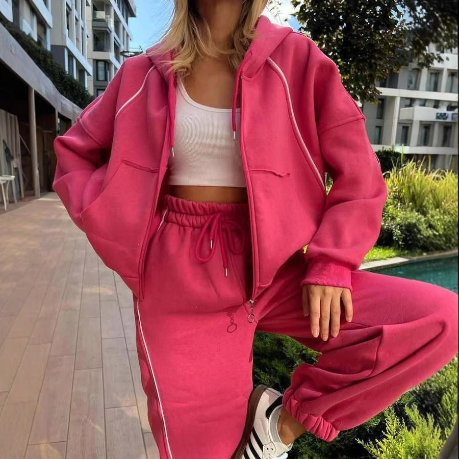 Damen nan kurzes Zip-Hoodie und Highwaist Jogginghose Set mit elastischem Komfortbund und seitlicher Paspel