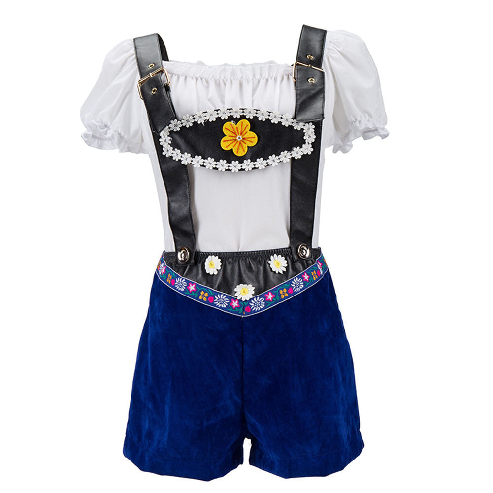 Damen nan verspieltes Latzshorts-Set mit Carmenbluse, verstellbaren Trägern und Blumenapplikation