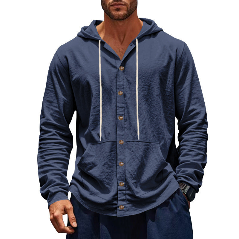 Herren nan figurbetonte Kapuzenhemd-Jacke aus Baumwollmix mit Druckknopfleiste und Kängurutasche
