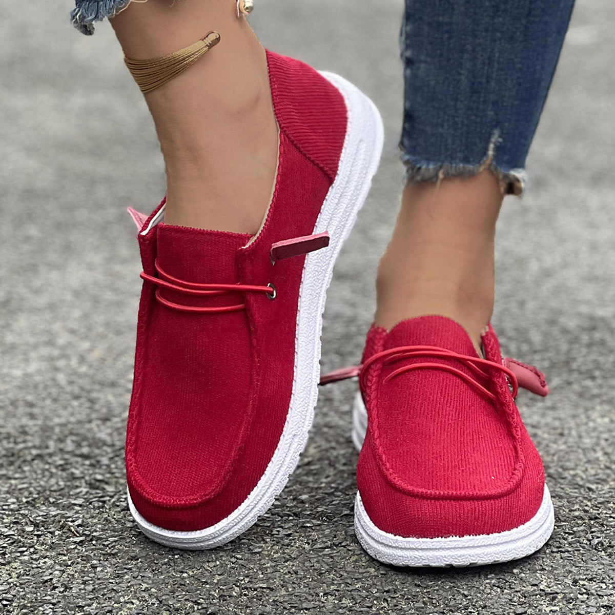 Damen nan lässige Slip-On Sneaker-Halbschuhe mit geripptem Textilobermaterial und elastischer Schnürung