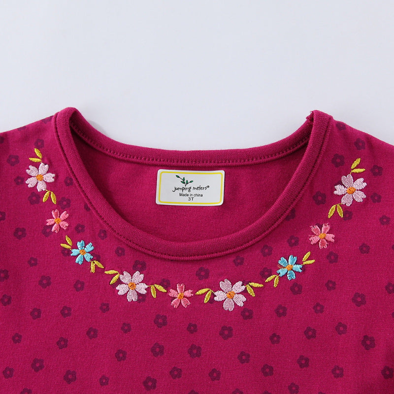 Mädchen Baumwollkleid mit süßen Vogel- und Blumenstickereien