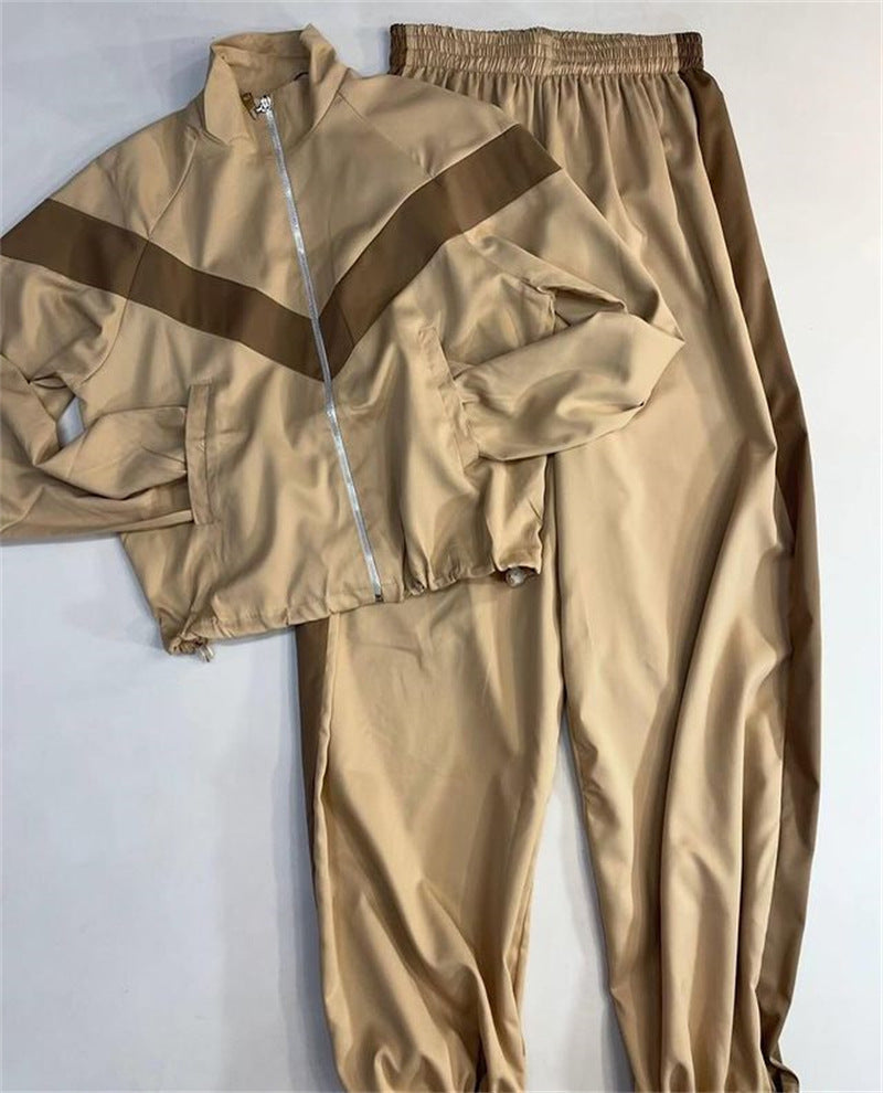 Damen nan Satin-Trackset mit Stehkragen, Chevron-Streifen und Kordelzug