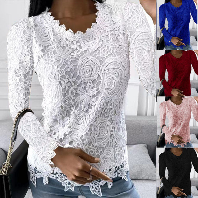 Damen nan figurbetonte Spitzenbluse mit floraler Allover-Spitze, Langarm und gezacktem Saum
