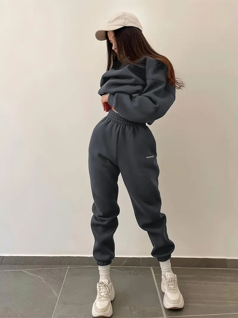 Damen nan Oversized kurz geschnittenes Sweatshirt mit High Waist Fleece Jogginghose Set