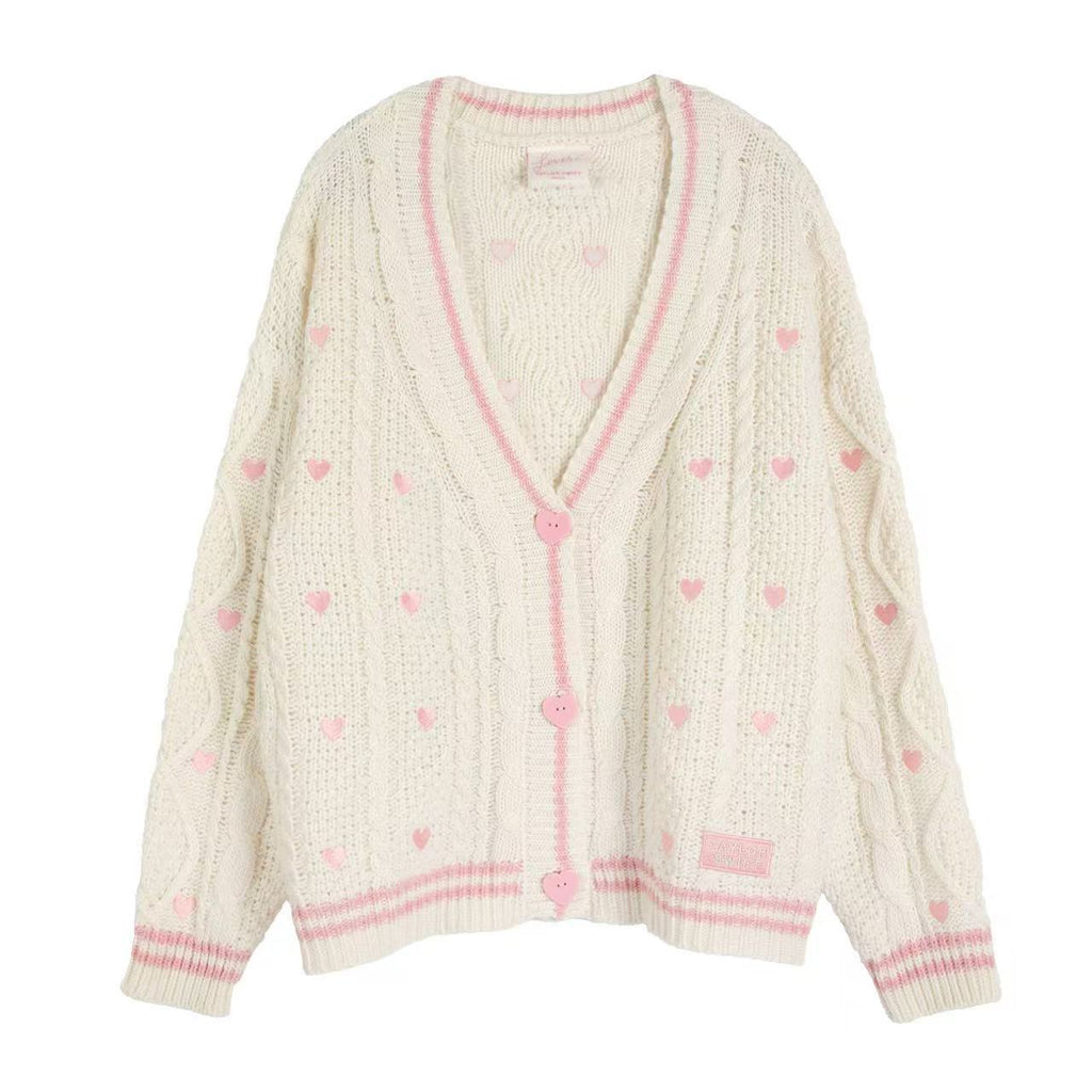 Damen nan grob gestrickter V-Ausschnitt-Cardigan mit Herzapplikationen und dekorativen Herzknöpfen