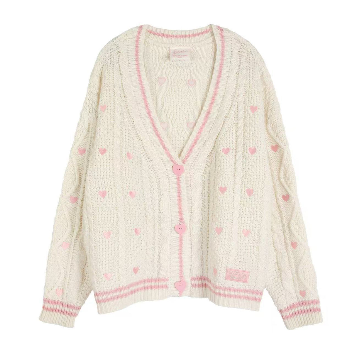 Damen nan grob gestrickter V-Ausschnitt-Cardigan mit Herzapplikationen und dekorativen Herzknöpfen
