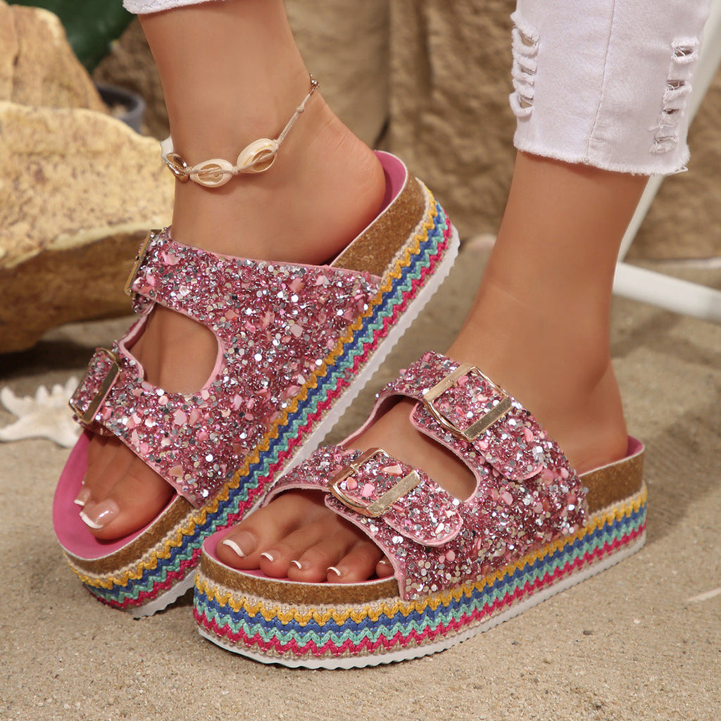 Damen Glitzernde Plateau-Sandalen mit Doppelschnalle und mehrfarbigem Boden Selmira