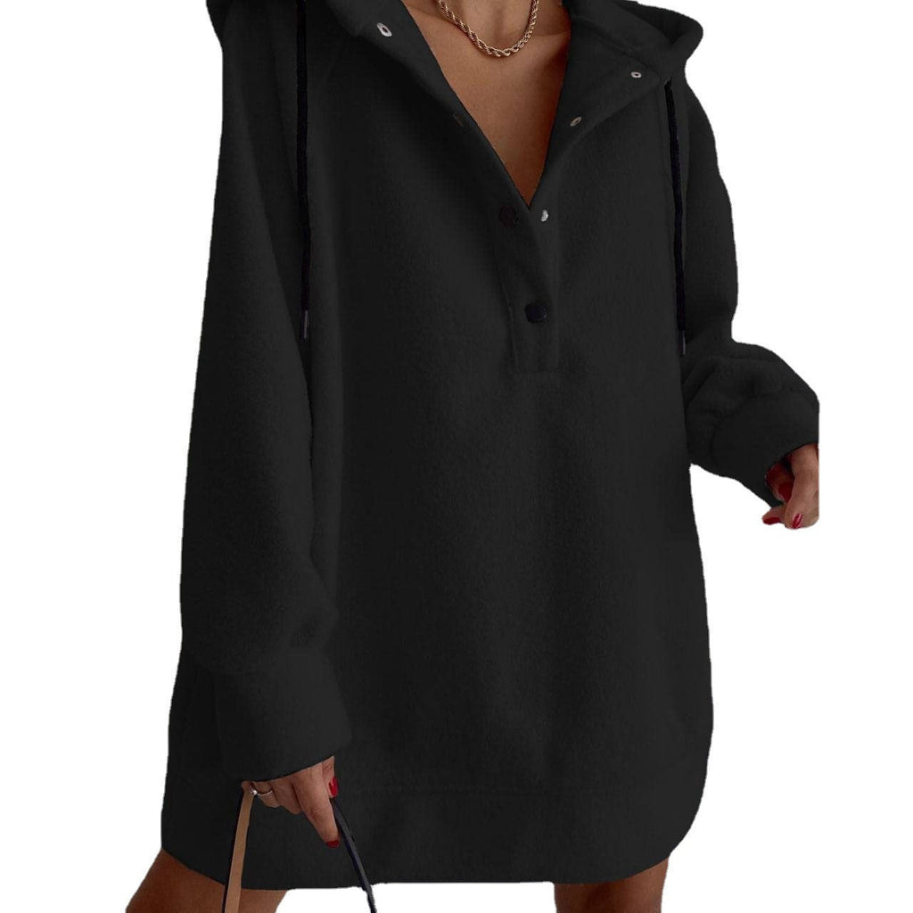Damen nan kuscheliges Kapuzen-Fleece-Tunika-Sweatshirt mit Druckknopfleiste und überschnittener Schulter
