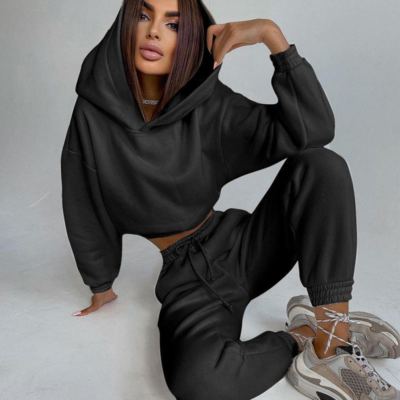 Damen nan Cropped-Hoodie-Loungewear-Set mit elastischem Rippbund, hoher Taillen-Jogginghose und dekorativem Kordelzug