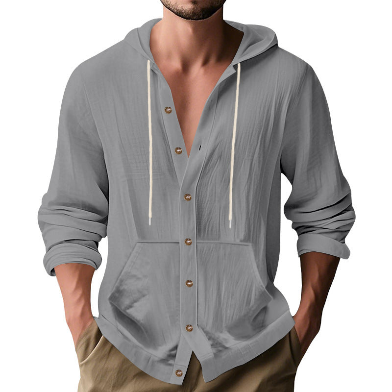 Herren nan figurbetonte Kapuzenhemd-Jacke aus Baumwollmix mit Druckknopfleiste und Kängurutasche