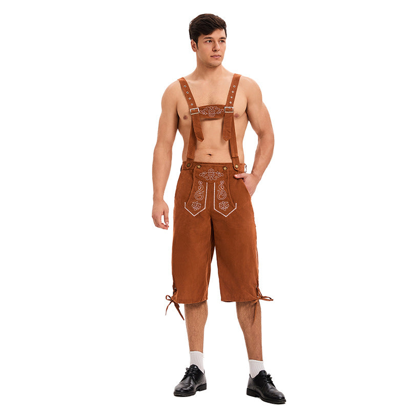 Herren nan knielange traditionelle Lederhose mit besticktem Brustlatz und verstellbaren Trägern