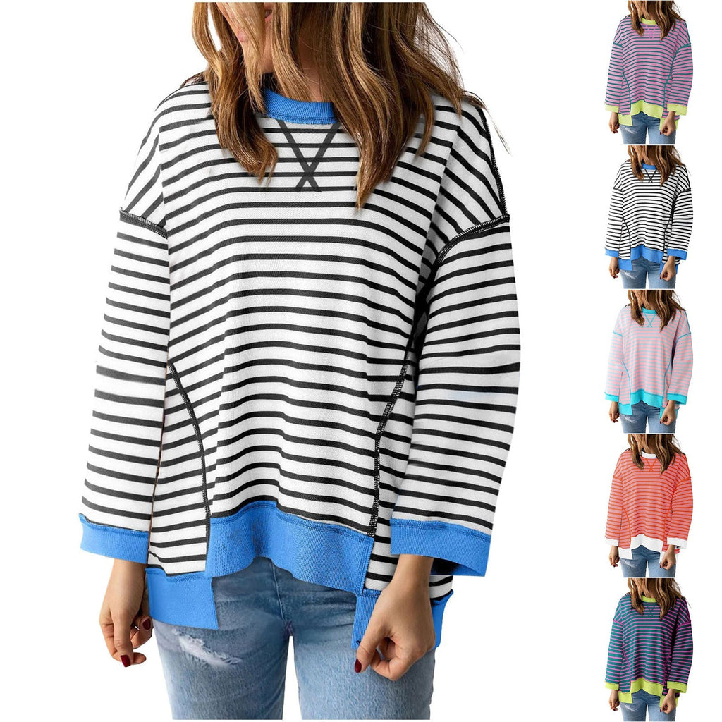 Damen nan oversized gestreifter Sweatshirtpullover mit kontrastsaum, überschnittener Schulter und seitlichen Schlitzen