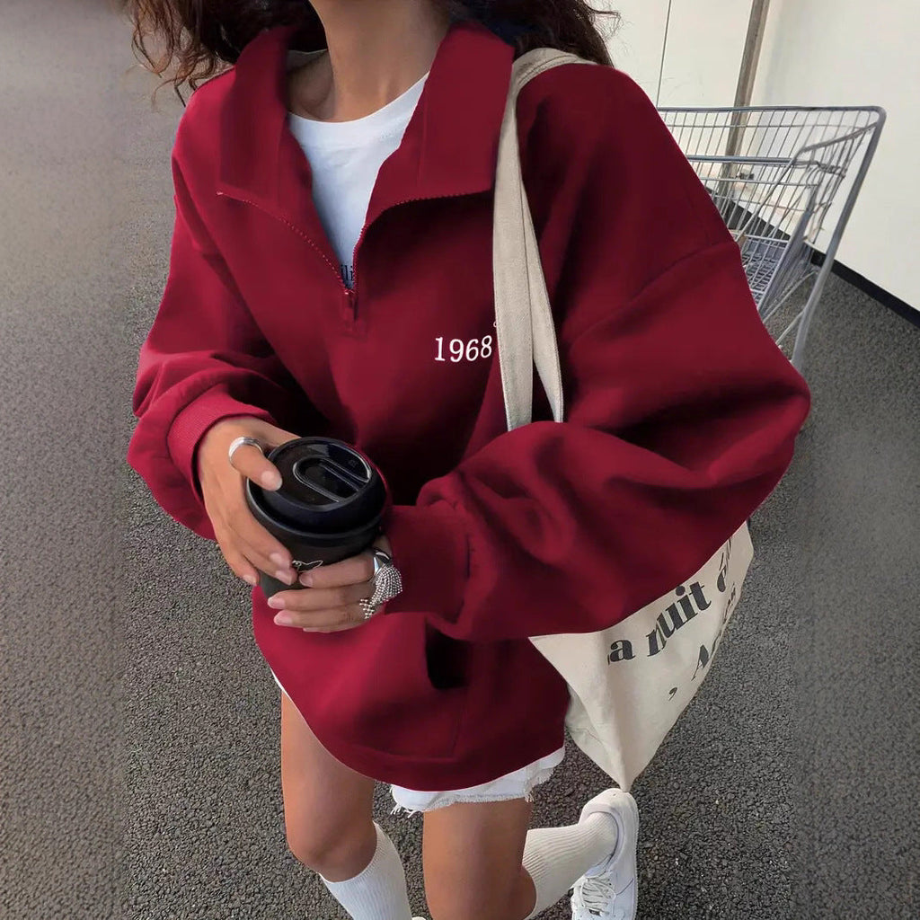 Damen nan oversized Halbzip-Sweatshirt mit hohem Stehkragen, Kängurutasche und lässigem Oversize-Schnitt
