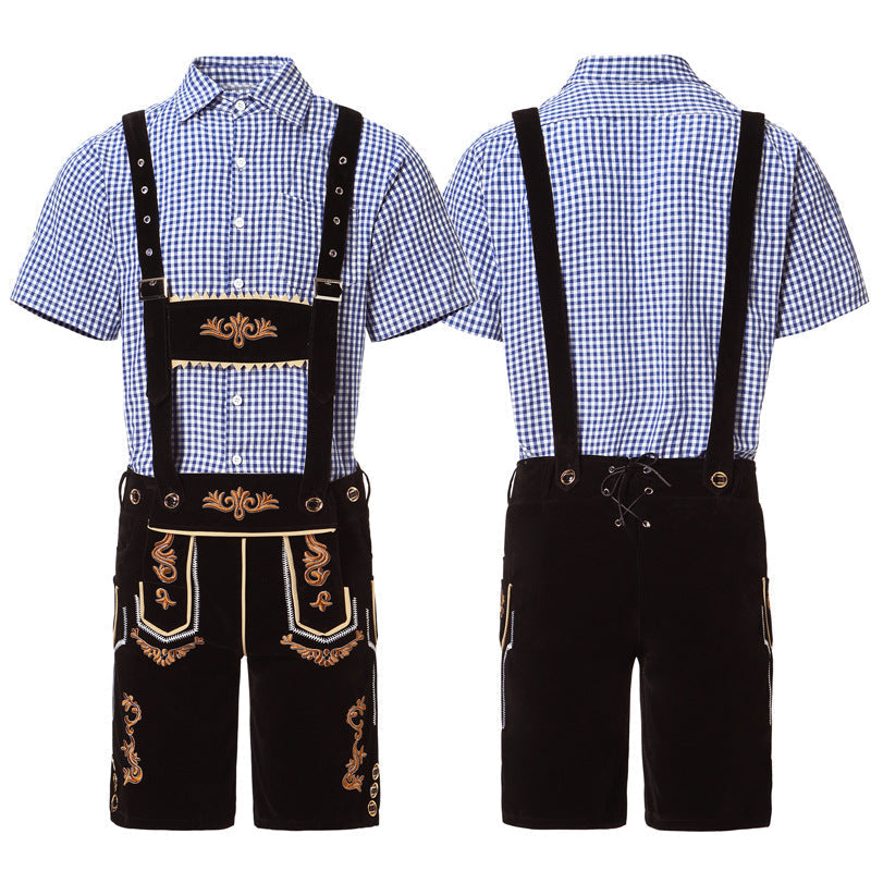 Herren nan traditionelle kurze Trachtenlederhose mit aufwendiger Stickerei und verstellbaren Trägern