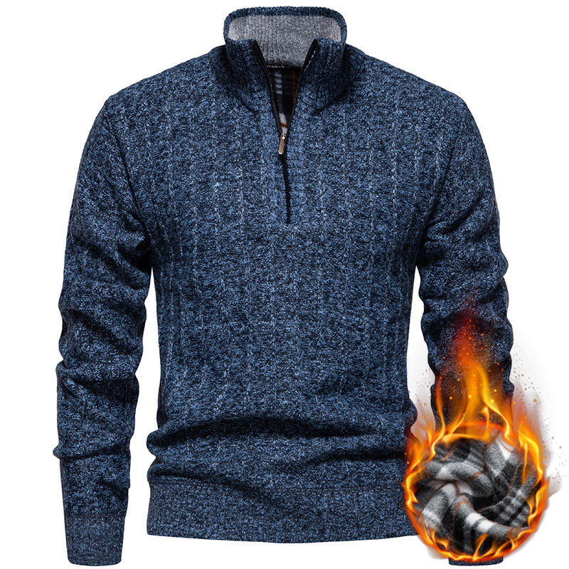 Herren nan gerippter Troyer-Pullover mit Halbzip, Zopfmuster und wärmender Innenverarbeitung