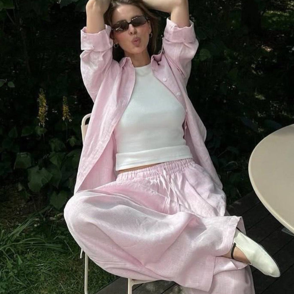 Damen nan luftiges Leinen-Loungeset mit Oversize-Hemd und weiter Bundhose mit Gummizug