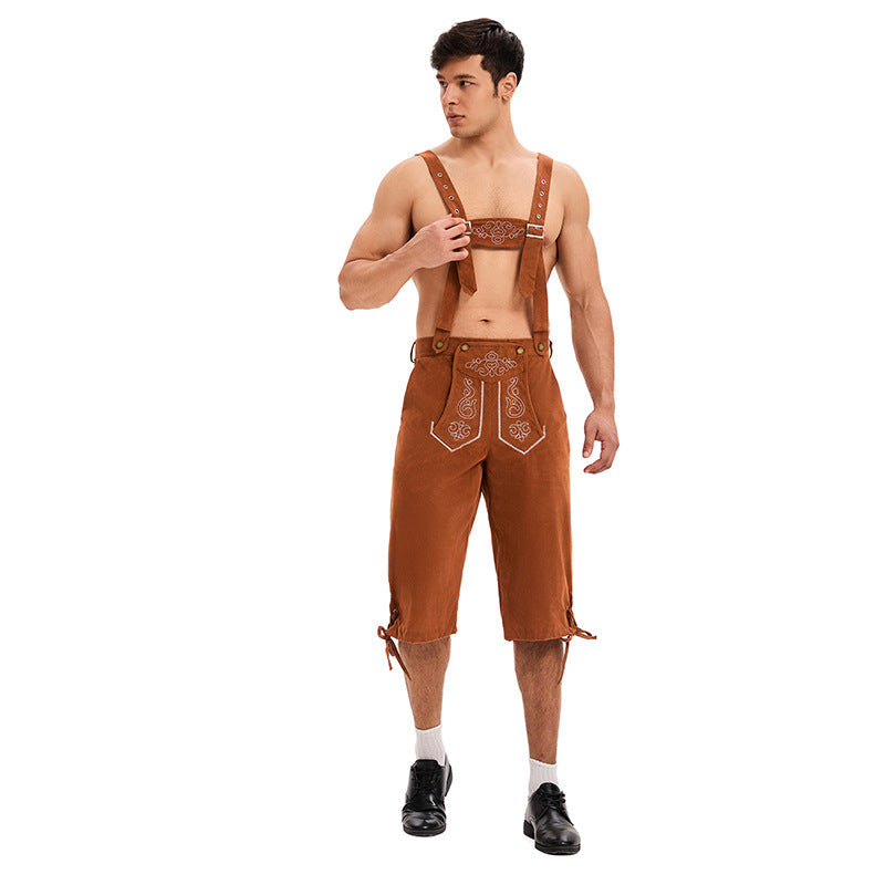 Herren nan knielange traditionelle Lederhose mit besticktem Brustlatz und verstellbaren Trägern