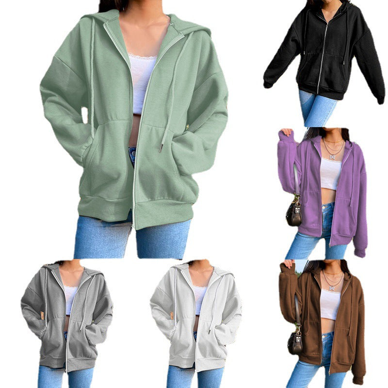 Damen nan legerer Kapuzen-Zipper mit Oversize-Passform, Kängurutaschen und durchgehendem Reißverschluss