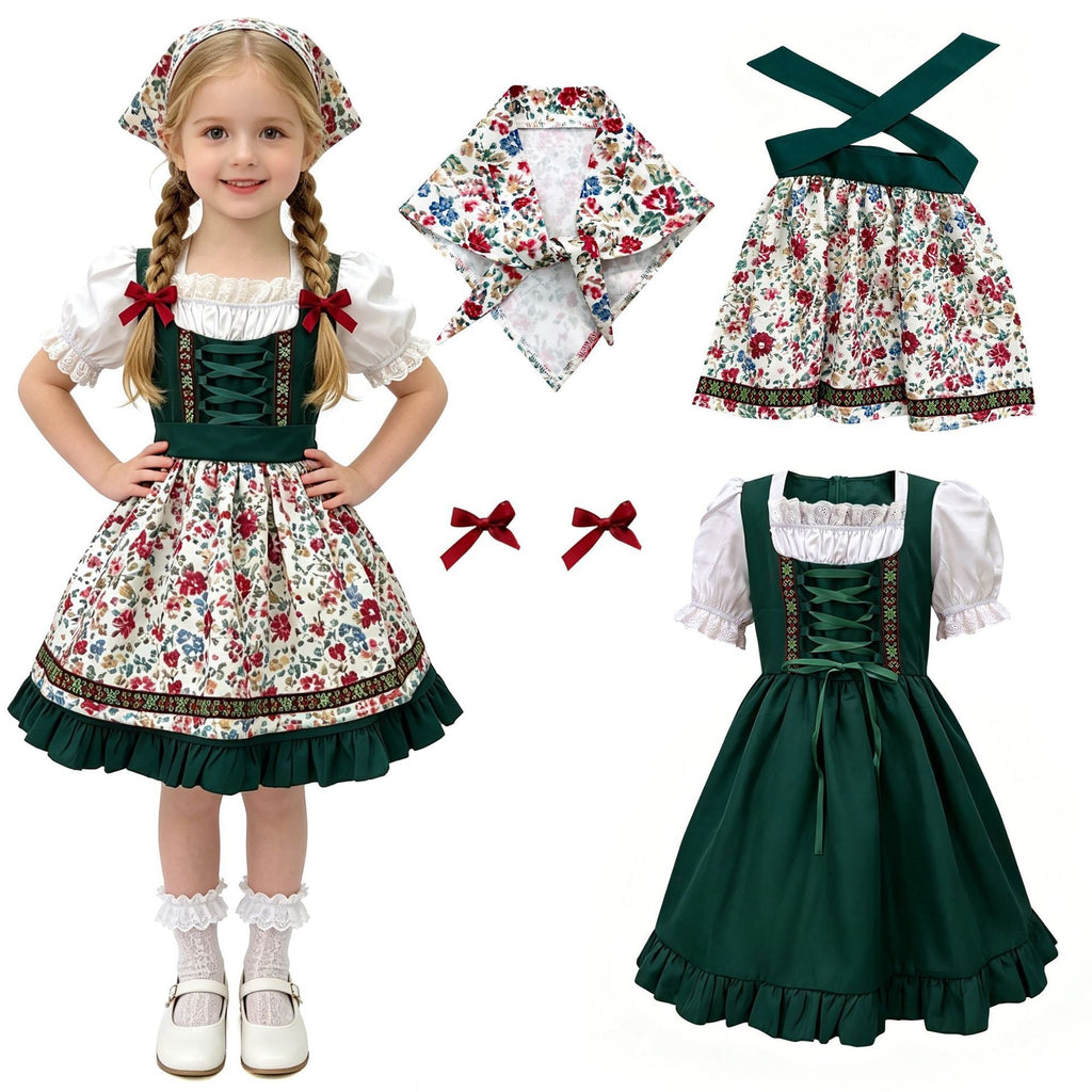 Damen nan traditionelles Kinderdirndl mit Schürze Haarband Spitzenbluse und Zierschnürung