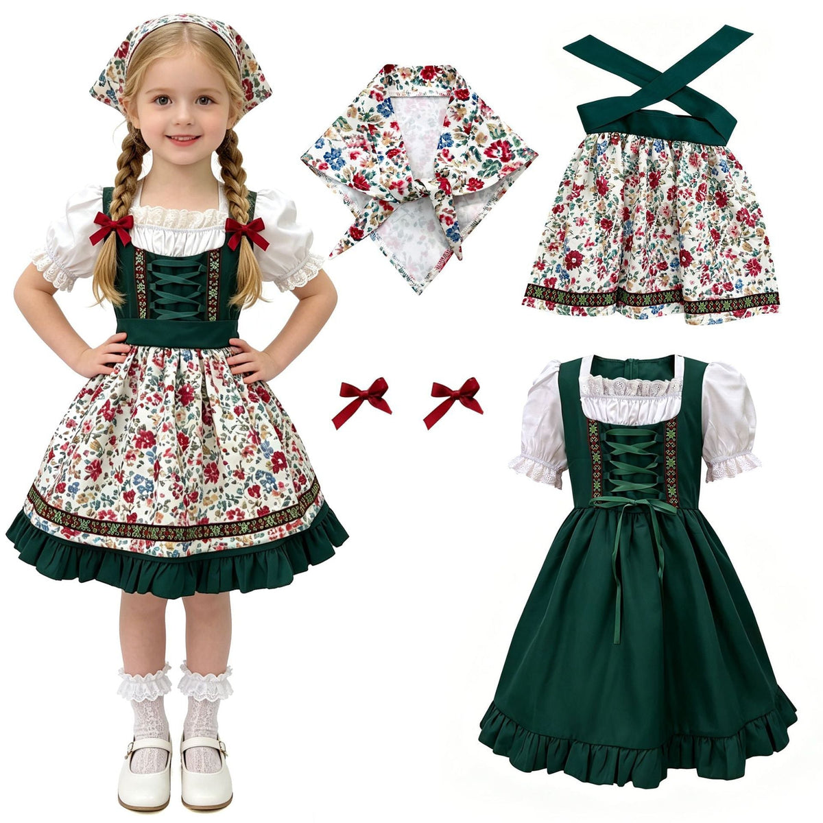 Damen nan traditionelles Kinderdirndl mit Schürze Haarband Spitzenbluse und Zierschnürung