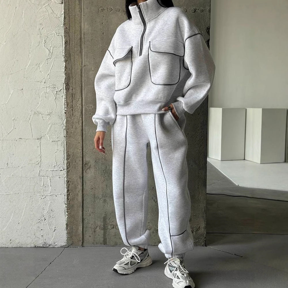 Damen nan Oversize Halbzip-Sweatshirt mit aufgesetzten Klappentaschen und Kontrastpaspeln