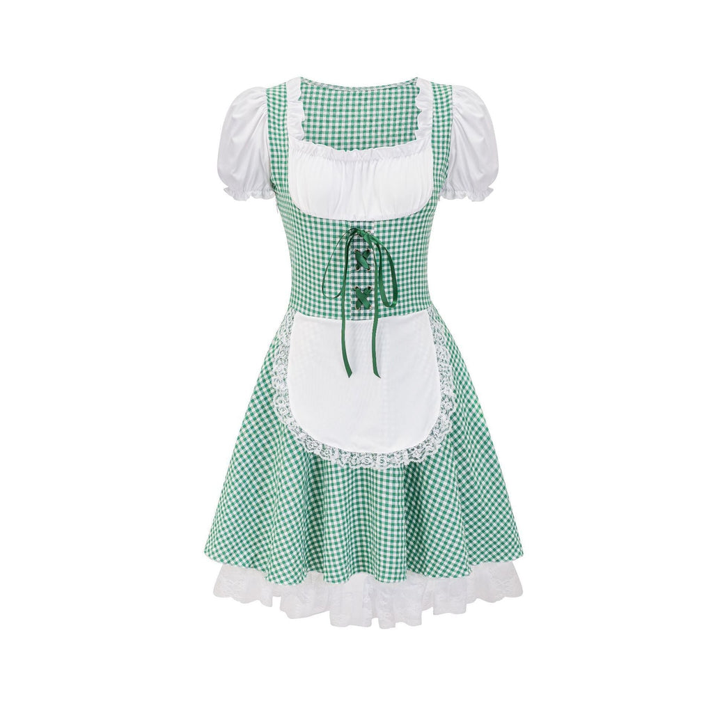 Damen nan Trachtenkleid im Vichy-Stil mit Puffärmeln, Schnürkorsett und Spitzenschürze