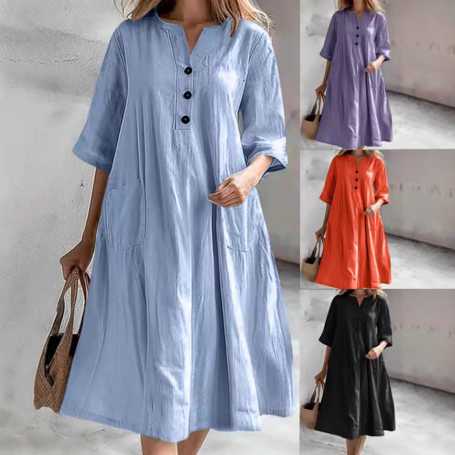 Damen nan locker fallendes A-Linien Kleid mit V-Ausschnitt-Knopfleiste, 3/4-Ärmeln und aufgesetzten Eingrifftaschen