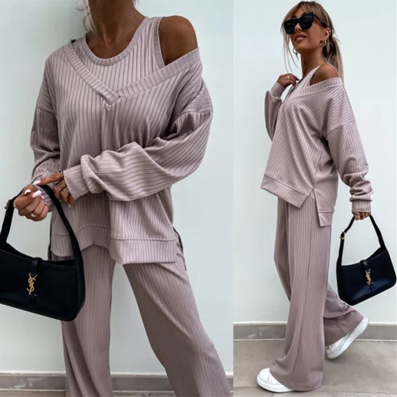 Damen nan elegantes Rippstrick-Zweiteiler Lounge-Set mit einseitigem Schulterfreischnitt und weitem Palazzo-Hosenbein