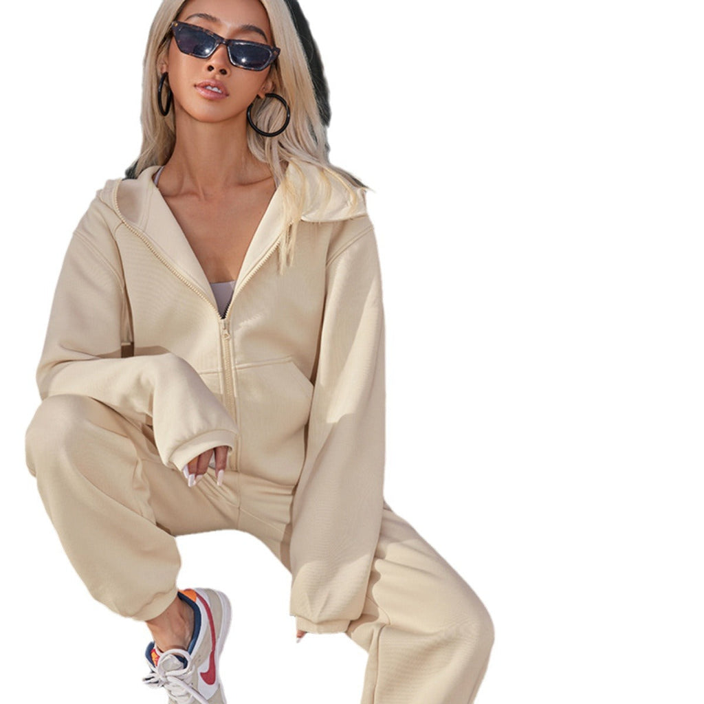 Damen nan athletisches Freizeit-Set mit Zip-Hoodie im Oversize-Schnitt und taillenhoher Komfort-Jogginghose