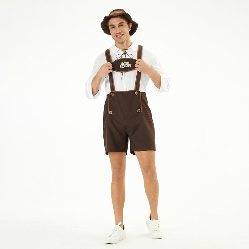 Herren nan traditionelle Kurzlederhose mit verstellbaren Trägern und dekorativem Brustlatz