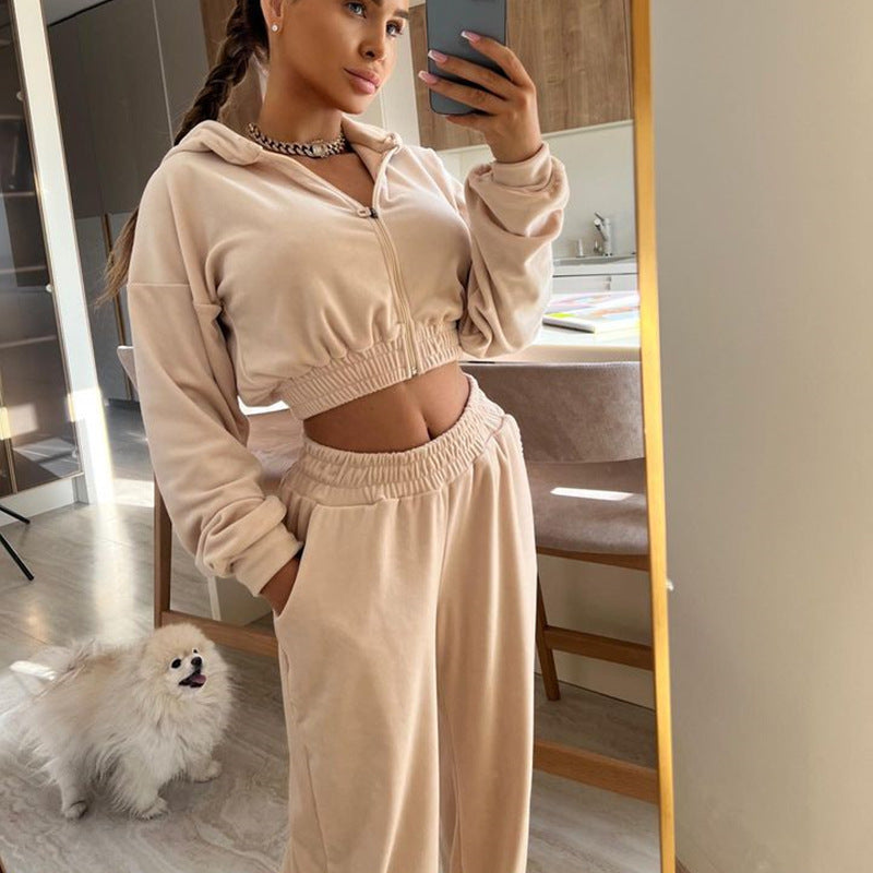 Damen nan kurzes Samt Trainingsset mit Reißverschluss Hoodie und weiter Bund Jogginghose