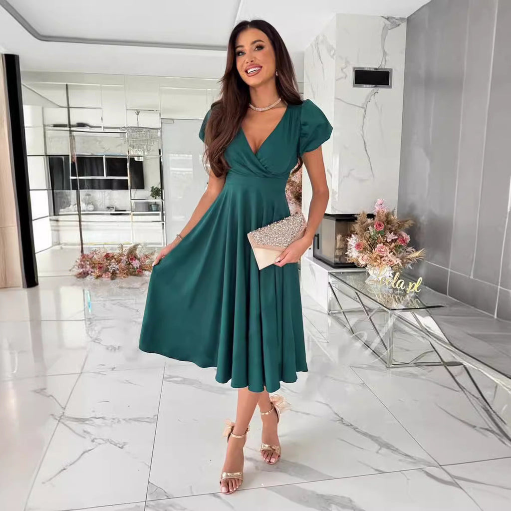 Damen A-Linie Kleid mit Puffärmeln und schmalem V-Ausschnitt Selmira