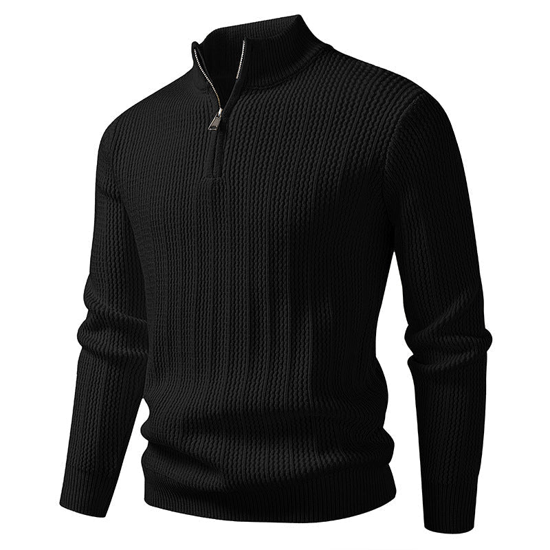 Herren nan feinstrukturierter Halbzip-Pullover mit Stehkragen, geripptem Strukturstrick und schmaler Passform