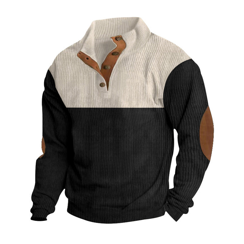 Herren nan gerippter Pullover mit Stehkragen, Knopfleiste und Ellbogen-Patches