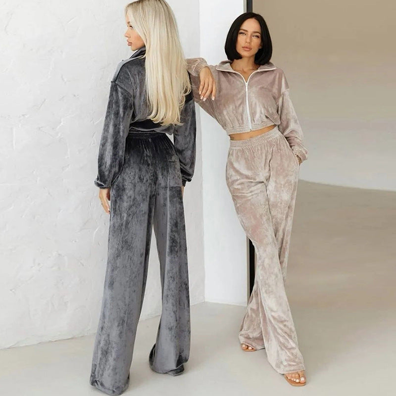 Damen nan Cropped Velours-Joggingset mit halbem Reißverschluss, gerafftem Komfortbund und breiten Bündchen